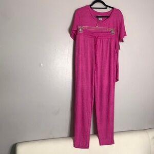Natori 2 piece soft stretch pink pants short sleeve top large pajamas new w tags